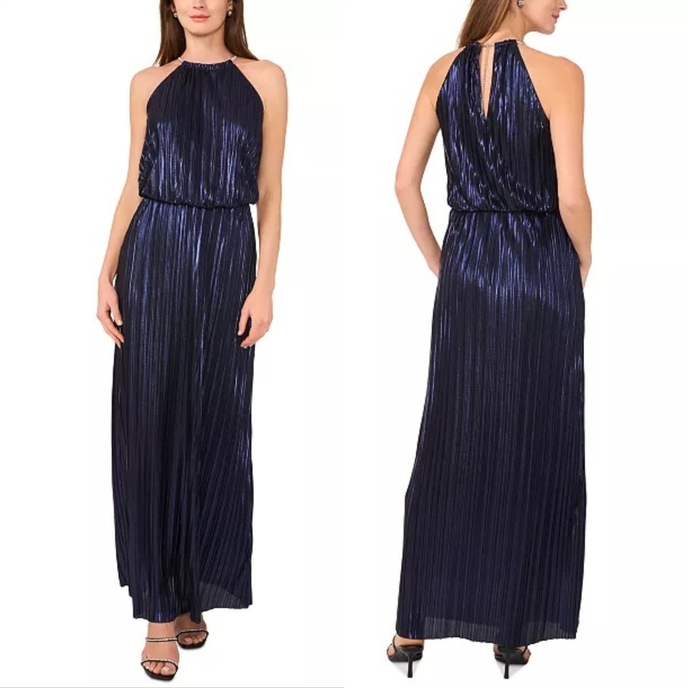 🆕️ MSK Petite Pleated Metallic Halter Sleeveless Necklace Gown in Sapphire Blue